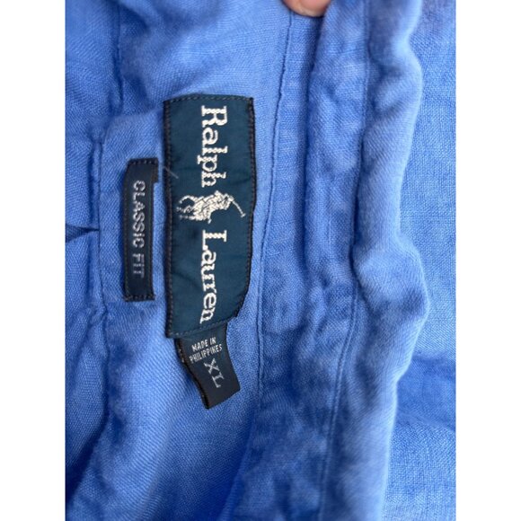 Ralph Lauren Mens Classic Fit Blue Linen Button-Down Shirt With Green Logo Embro - Picture 3 of 6